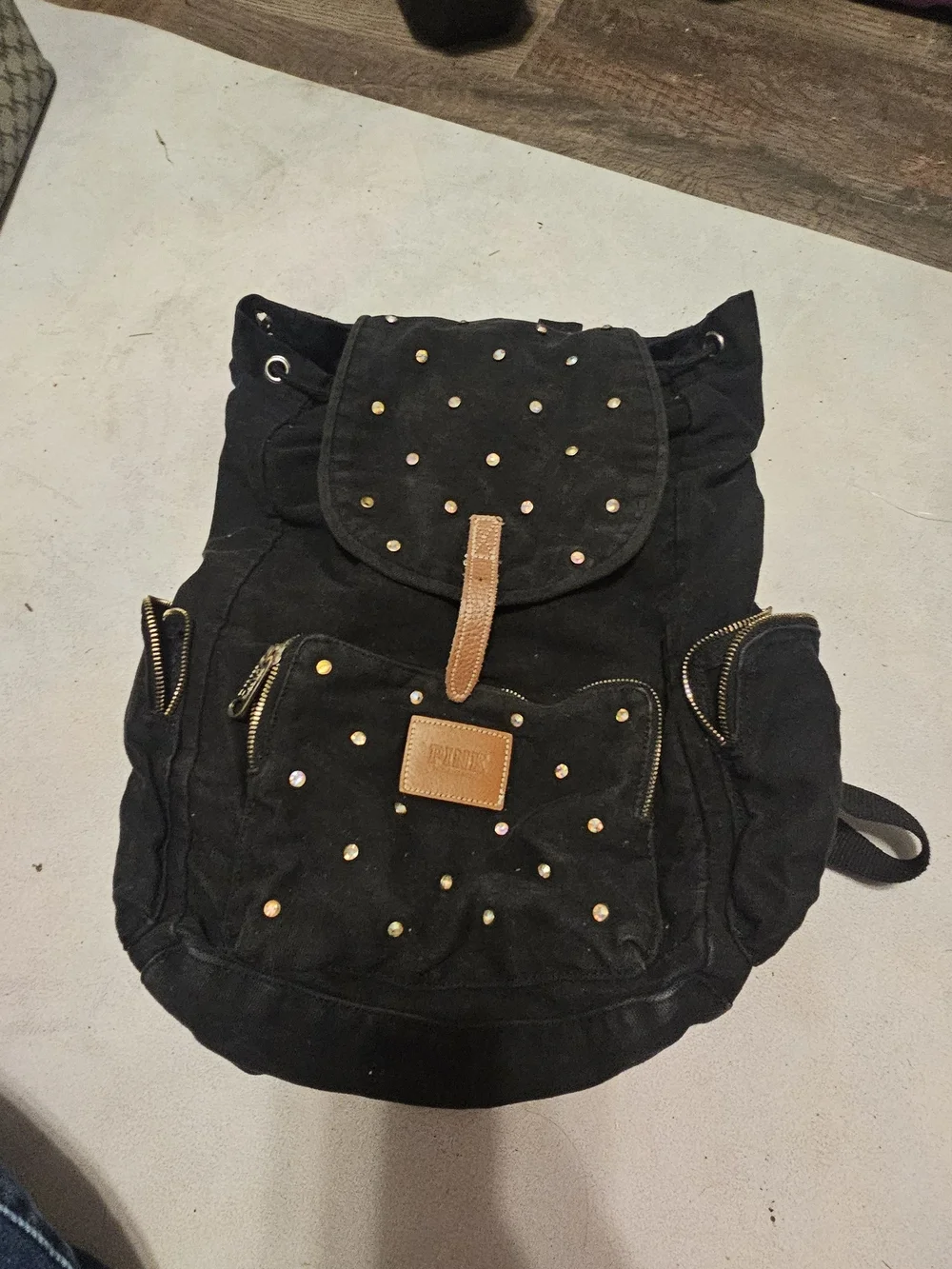 PINK Victoria's Secret Black Canvas Studded Drawstring Backpack